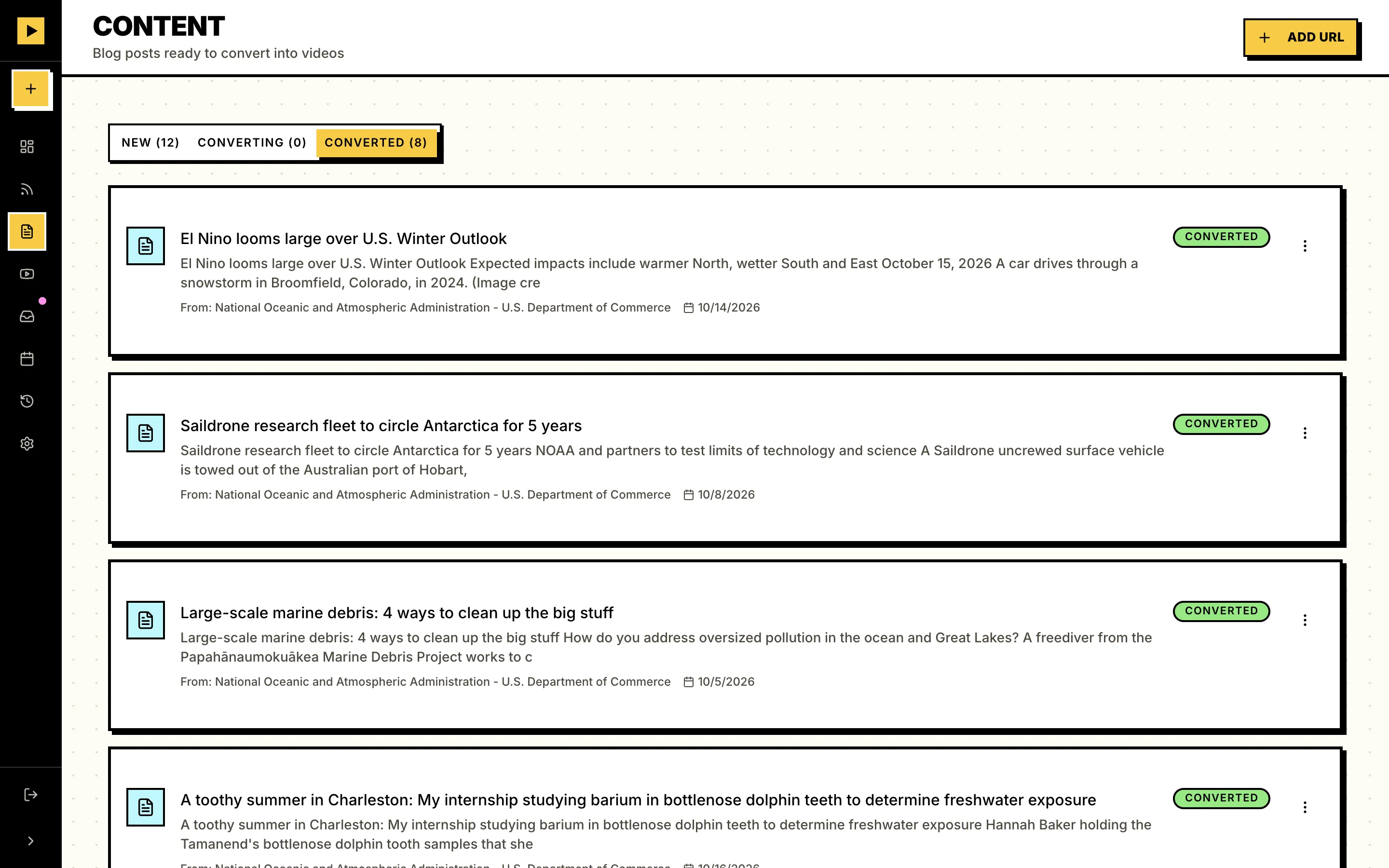Vidfiddle’s Content page listing NOAA posts, each already converted to video